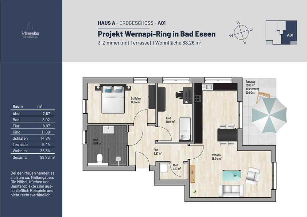 Grundriss Haus A - Erdgeschoss A01 (3-Zimmer, 88,26 m²)