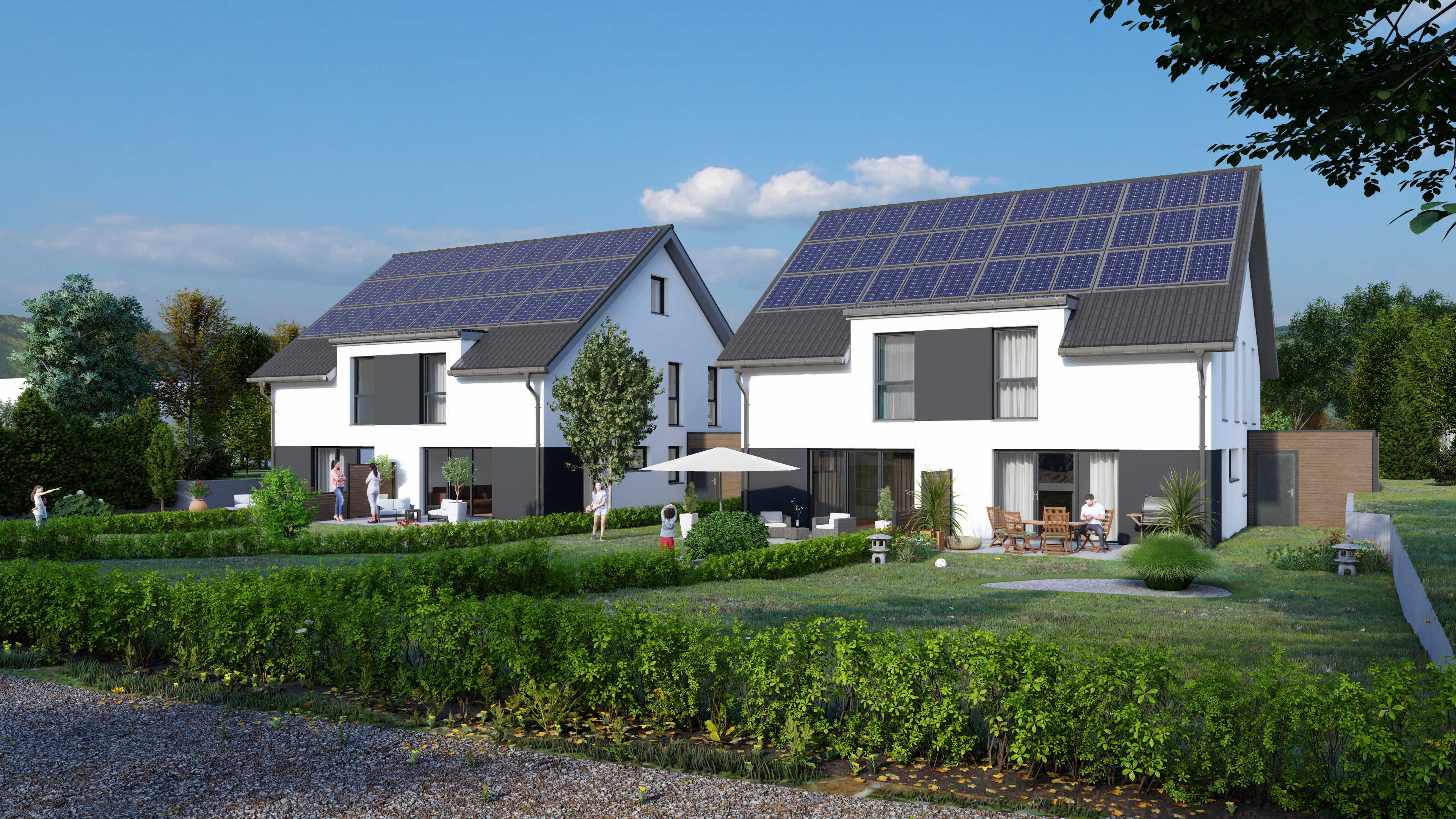 Doppelhaushälften Garten mit Solaranlagen